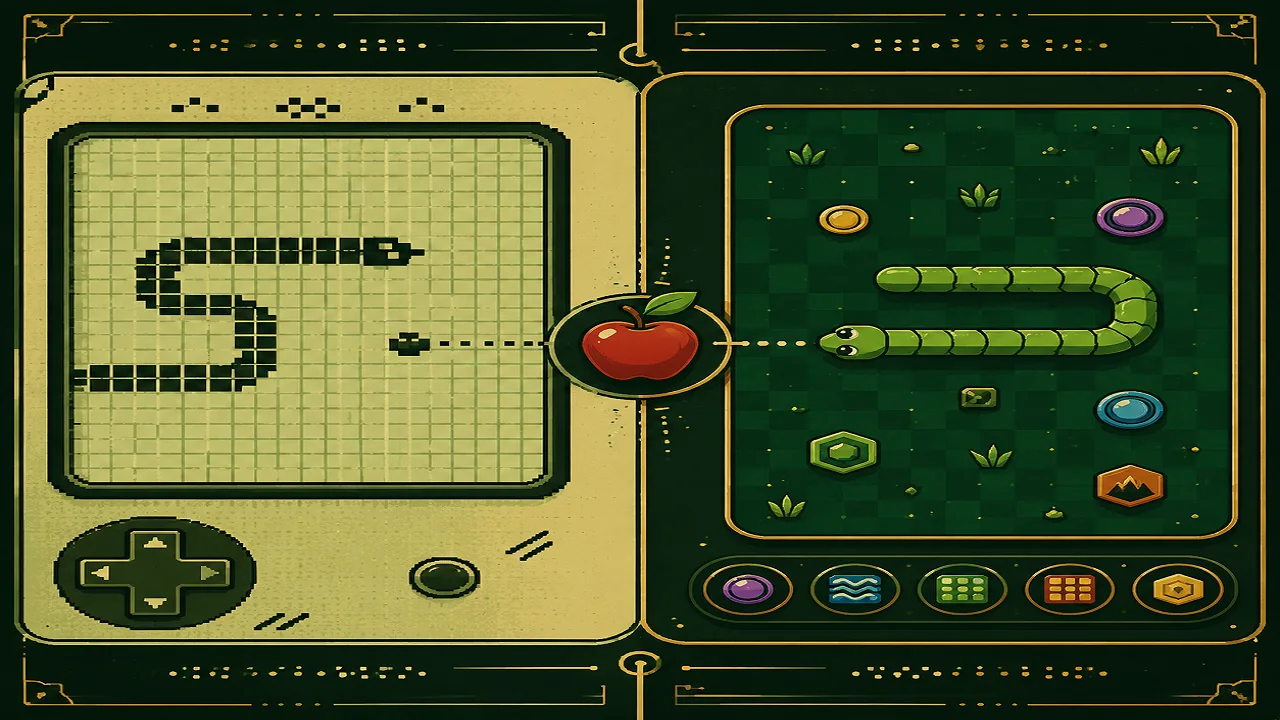 A bright green browser-game snake facing a blocky monochrome snake on a 1990s mobile-phone screen