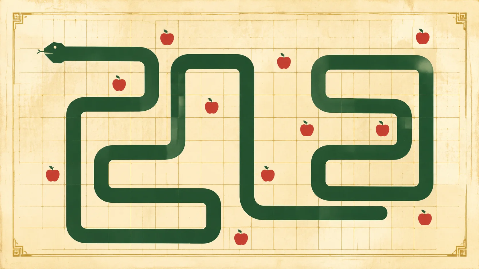 A green snake following a planned route through a grid toward a red apple